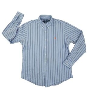 Ralph Lauren Vtg Custom Fit Button Up Shirt Men's Large Blue Striped Long Sleeve
